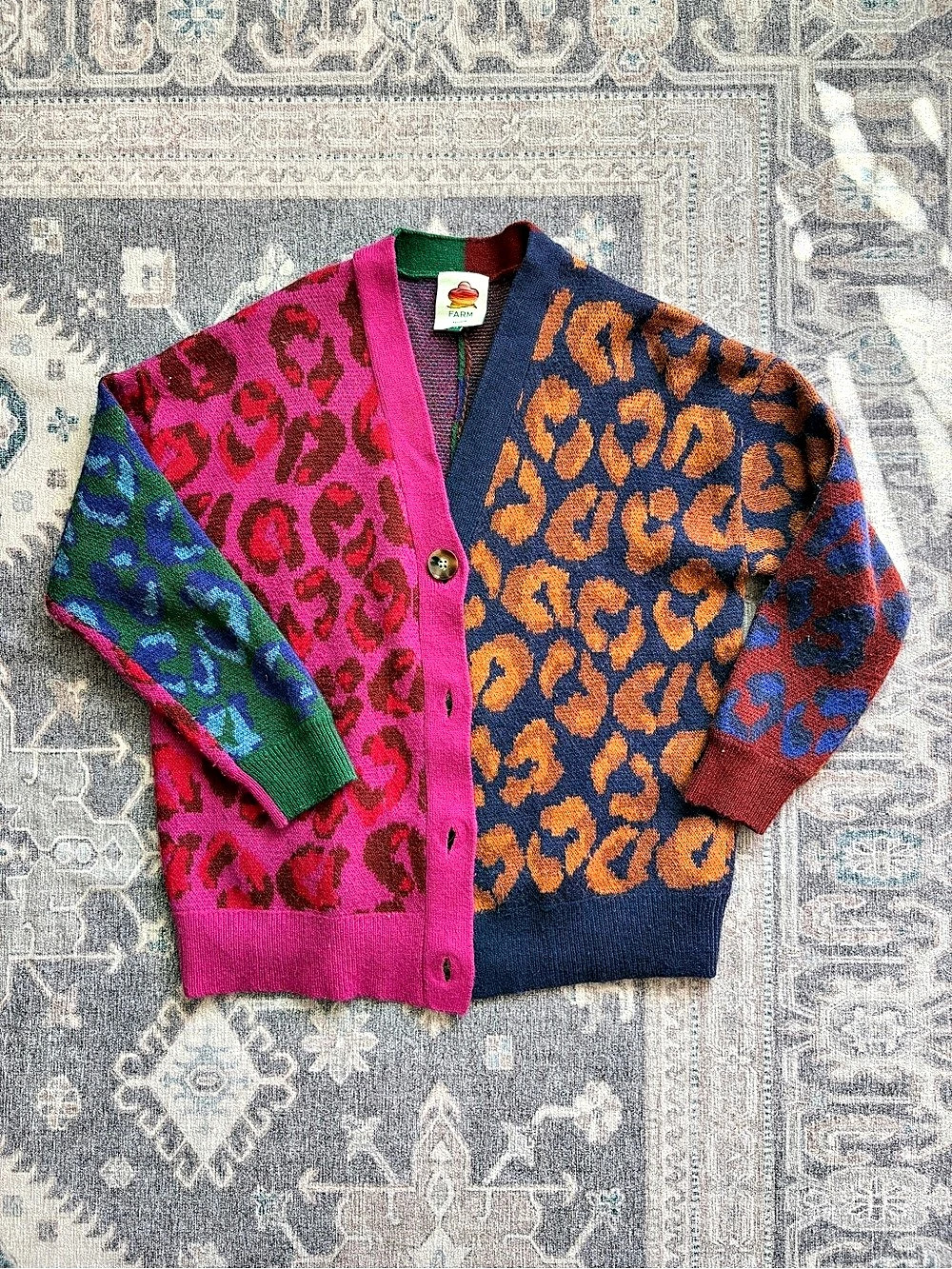 FARM Rio Mixed Ikat Leopard Cardigan Pink & Blue XS